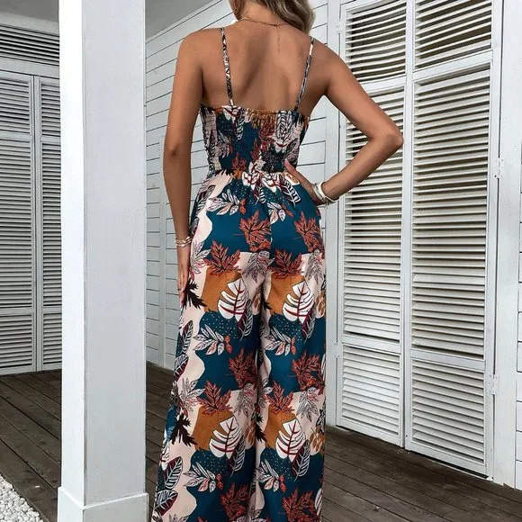 New Tropical Print Shirred Wide Leg Cami Jumpsuit Handmade - Picture 4 of 6